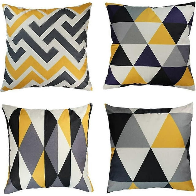 Juego de 4 fundas de cojín decorativas de lino amarillo y gris de 18 x 18 pulgadas, fundas de almohada geométricas de 45 x 45 cm, fundas de almohada cuadradas para muebles de exterior y jardín.