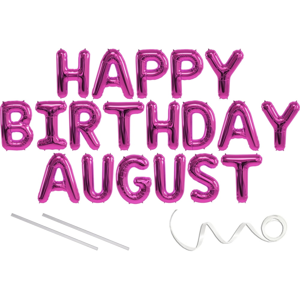 August, Happy Birthday Mylar Balloon Banner Pink 16 inch Letters