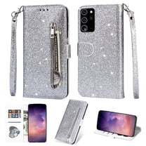 Galaxy Note 20 Case 2020, Allytech PU Leather Bling Glitter Design Flip Cover with Hand Strap Zipper Pocket Cards Slots Scratch Resistant Wallet Case Cover for Samsung Galaxy Note 20, Silver