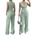 thumbnail image 3 of Women'S 2 Piece Outfits Elegant Blazer Vest Pockets Wide Leg Pant Suit Casual Matching Set Mint Green M, 3 of 6