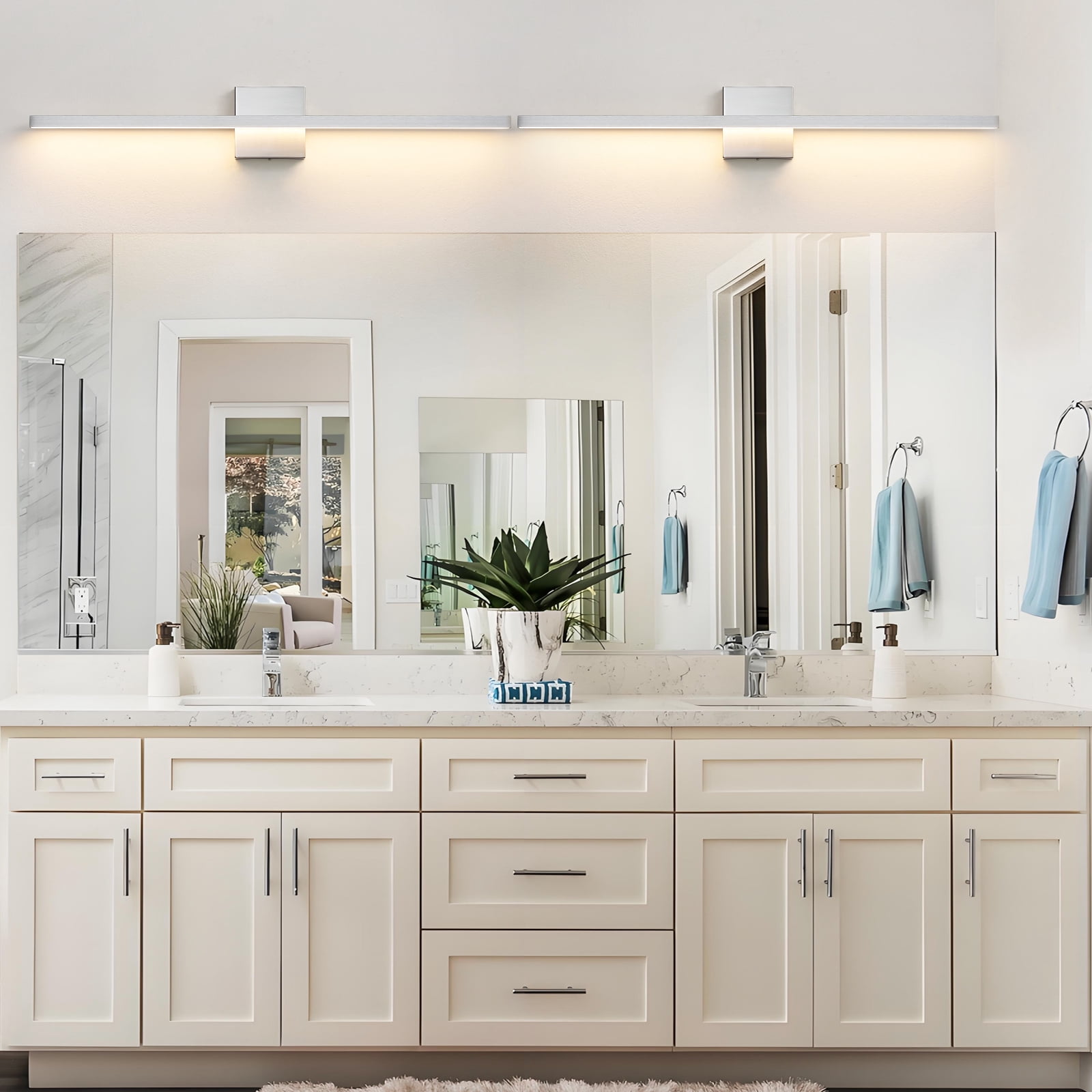 KAISITE 32 inch Modern Vanity Lights for Bathroom Lighting Fixtures over Mirror Dimmable Integrated LED Brushed Nickel , Silver, 3500K Warm Light