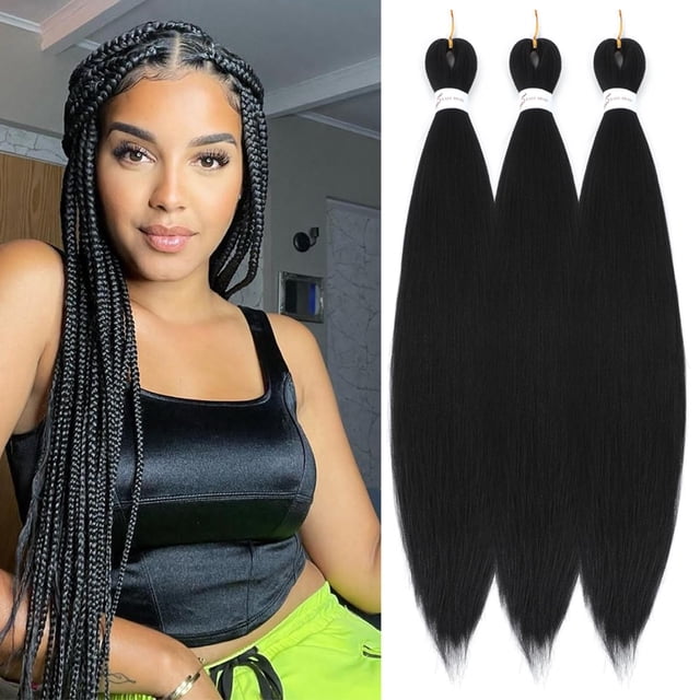 Cabello trenzado negro, 26 pulgadas, 3 paquetes de cabello trenzado preestirado largo, sin picazón, ajuste de agua caliente, textura Yaki, extensión de cabello trenzado de ganchillo (1B#)
