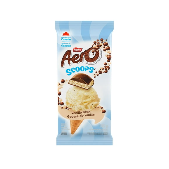 AERO SCOOPS Vanilla Bean, Milk chocolate with melt in your mouth bubbles and vanilla bean ice cream flavoured filling, Prepared in Canada, Natural flavours, Sustainably Sourced Cocoa, 105 g