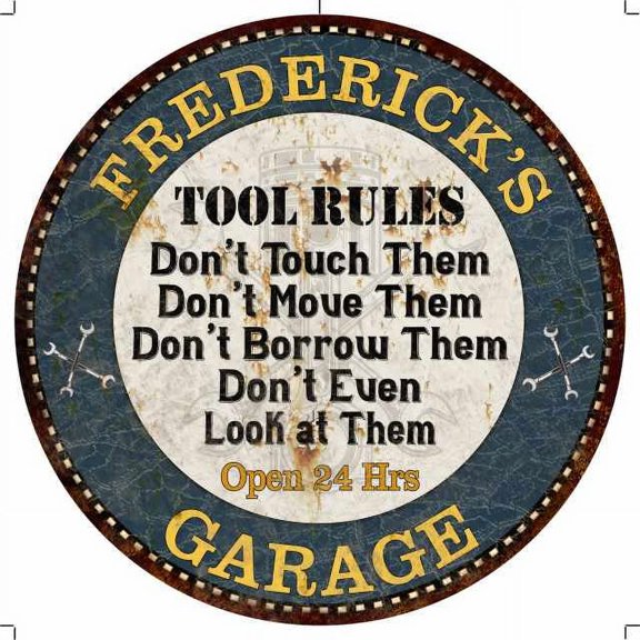 FREDERICK'S Garage Rules 12" Round Metal Sign Garage Décor 100140015491