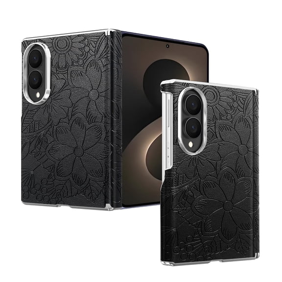 Dteck Floral Embossed PU Leather Case For Samsung Galaxy Z Fold 8, Magnetic Hinge Protection Electroplated Shockproof Hard PC Protective Cover, Black