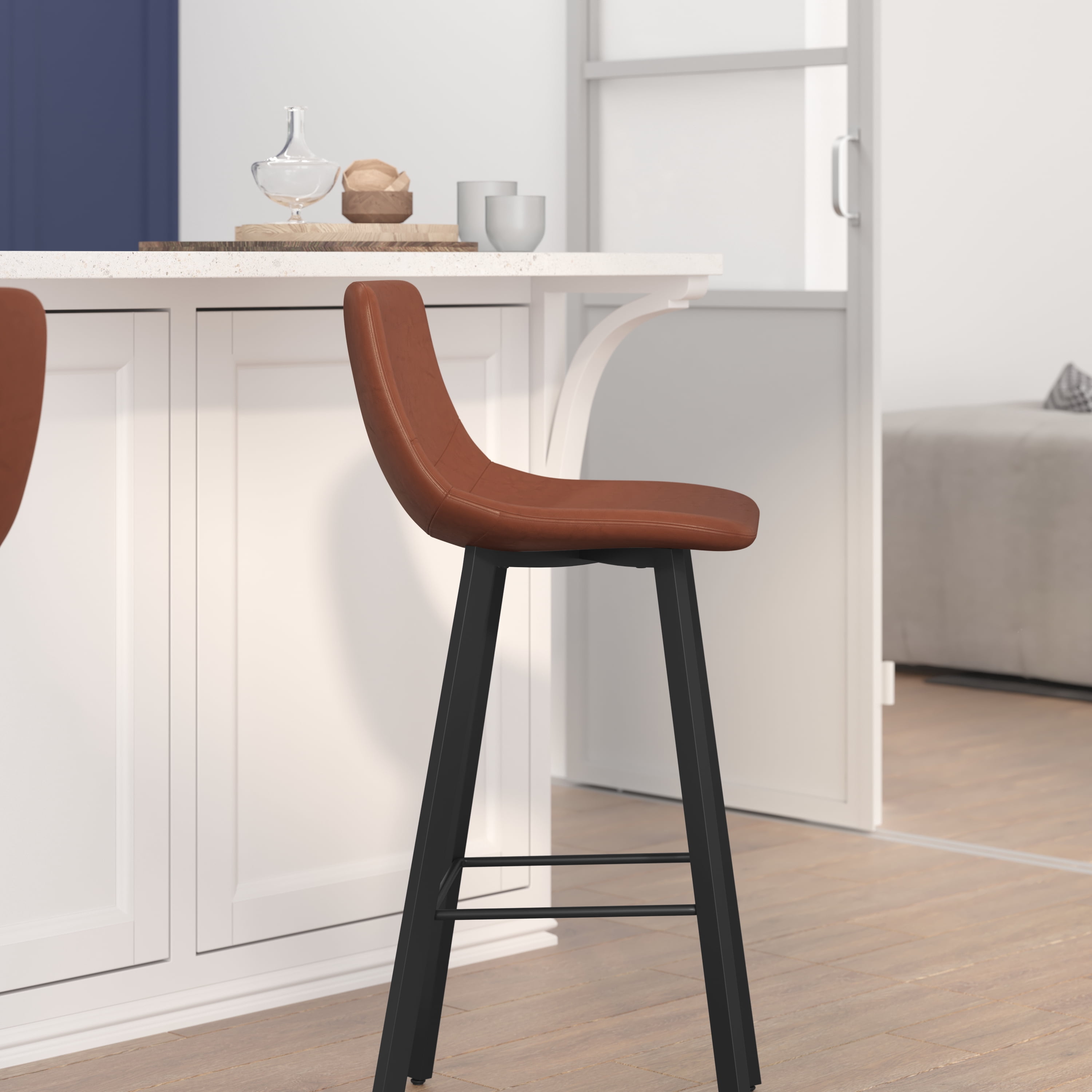 Flash Furniture Caleb 28.75"H Square Adjustable Low Back Barstool, Cognac/Black