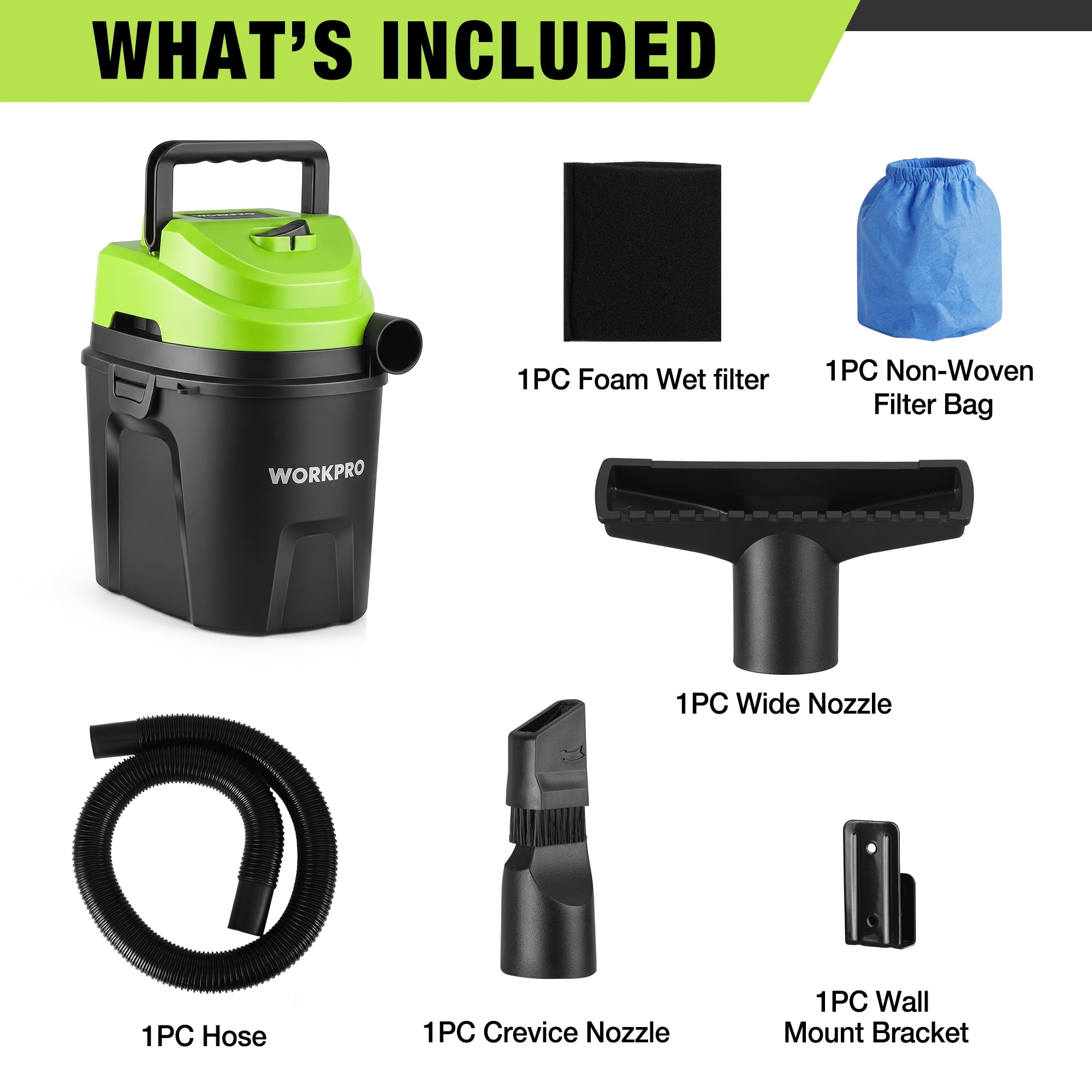 WORKPRO Wet Dry Vacuum 1.5 Gallon 2.5 Peak Horsepower 3-in-1 Portable Shop Vacuum Cleaner Black W125442AW
