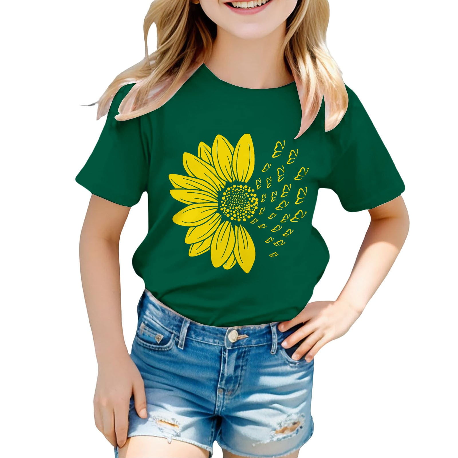 CPNG Girls Summer T-shirt Sunflower Butterfly Print Loose Casual Stylish Crewneck Short Sleeve Cool Sports Top(Green 2-3 Years)