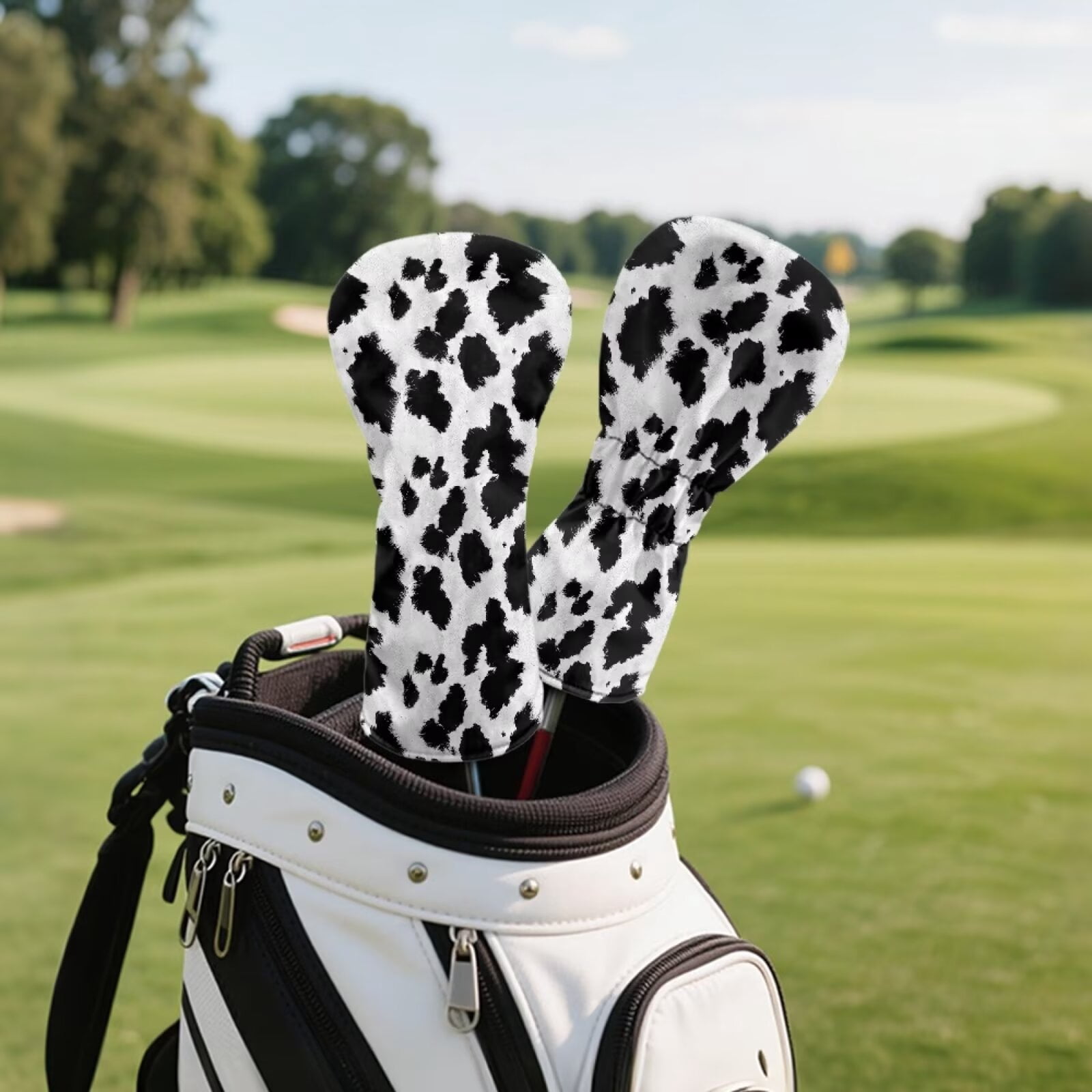 Uorisanigo 3pcs Golf Club Head Covers Headcovers Set Fits Driver Fairway Wood Hybrid Headcover, Durable and Stain Resistant, Essential Golf Accessories(Black and White Cow Print)