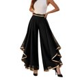 thumbnail image 3 of Women's High-Waisted Chiffon Palazzo Pants with Gold Trim - Tiered Ruffle Wide Leg Trousers, Flowy Boho Culottes for Summer Black L, 3 of 6