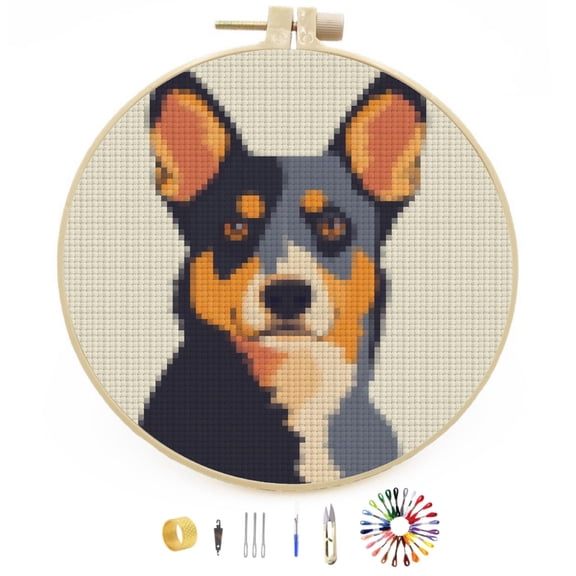 Australian Cattle Dog Easy Stamped Cross Stitch Kits for Beginners with Hoop Simple Patterns 11CT Counted Embroidery Needlepoint Crafts Arts for DIY Enthusiasts and Home Decor 26x26cm