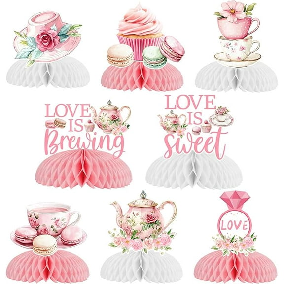 8 Pieces Tea Party Bridal Shower Decorations, Love is Brewing Honeycomb Centerpieces, Love is Sweet Table Decorations, Floral Tea Theme Wedding Engagement Bachelorette Party Supplies