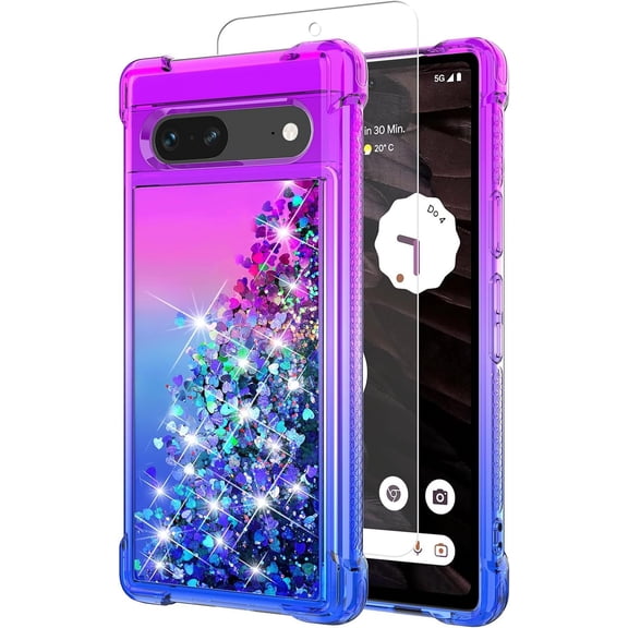 Google Pixel 7a Case,Pixel 7a Case,with HD Screen Protector,Gradient Quicksand Glitter Liquid Floating Cute Phone Case for Google Pixel 7a (Purple/Blue)