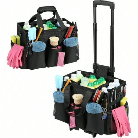 Rolling Cleaning Caddy Bag With Detachable Trolley Professional Portable Large Cleaning Bag With Wheels Wearable Cleaning Supply Bag On Wheels For Housekeepers Black