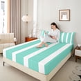 thumbnail image 3 of Castle Fairy Vintage Thin Vertical Stripe King Sheets 4pcs,Bohemian Wide Band Bedding,Teal White,1 Flat Sheet, 1 Fitted Sheet and 2 Pillowcases, 3 of 7