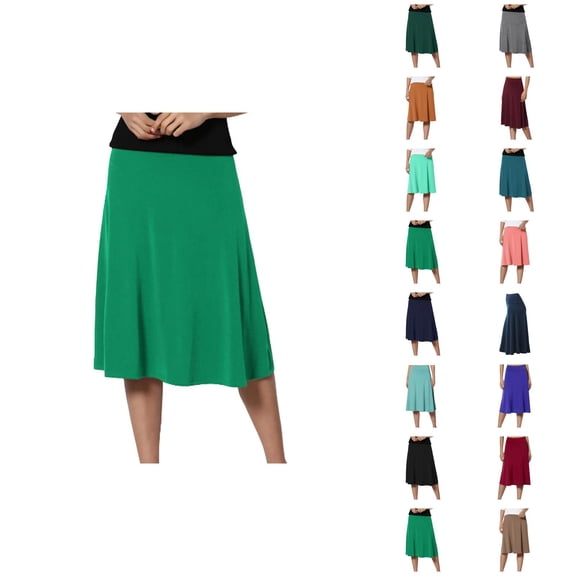Basic Solid Flare Midi Skirts for Women High Waisted Lightweight A Line Flowy Skirt