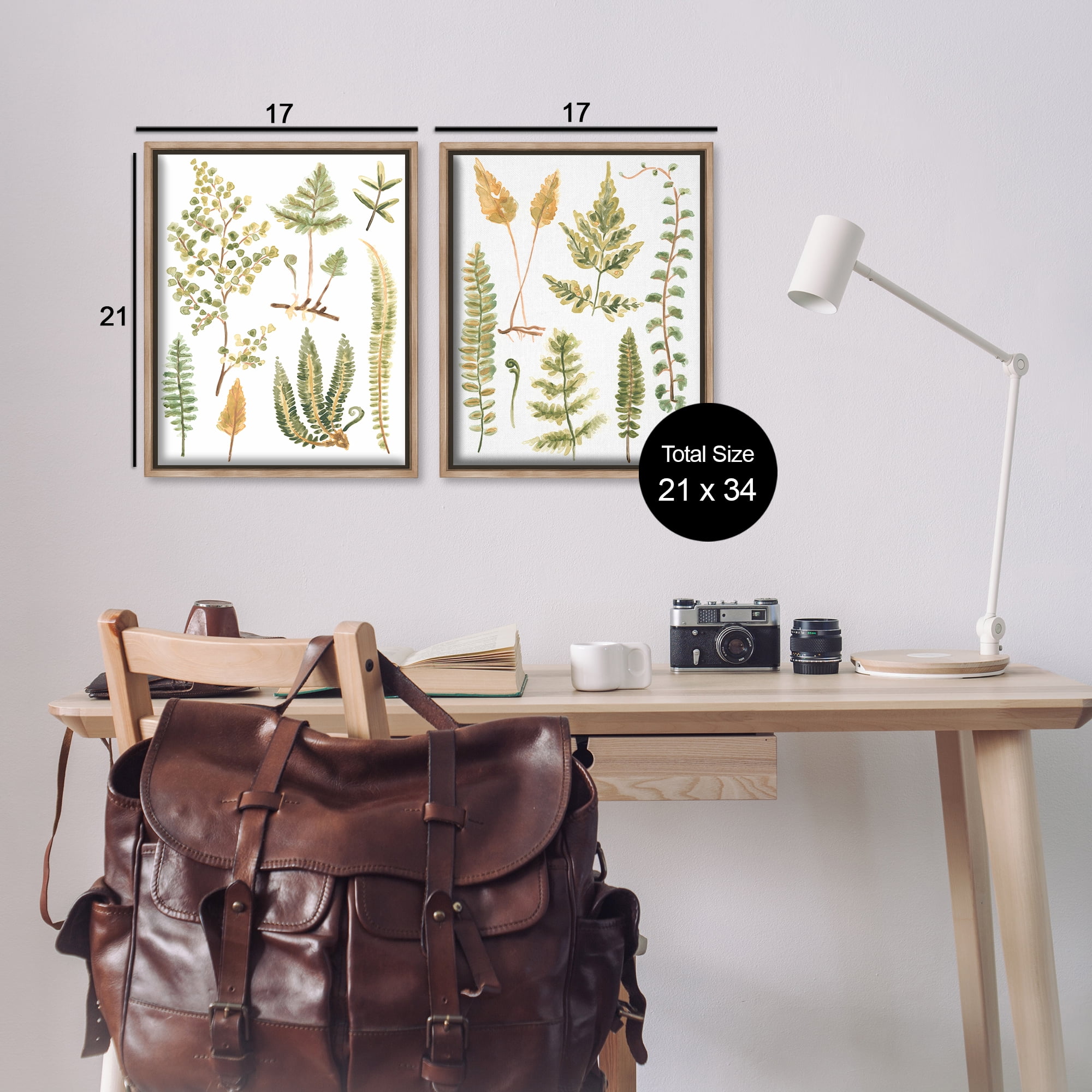 Stupell Industries Watercolor Fern Leaves Plants & Flowers Painting Brown Floater Framed Canvas Art Print Wall Art, 17 x 21, Set of 2