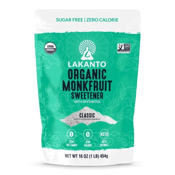 Lakanto Organic Monk Fruit Sweetener - White Sugar Substitute, Zero Calorie, Keto Diet Friendly, Zero Net Carbs, Zero Glycemic, Baking, Extract, Sugar Replacement (Organic Classic White - 1 lb)