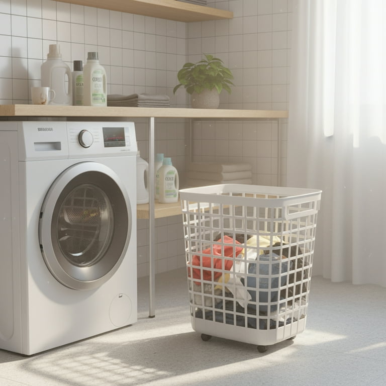 Mainstays 2.6-Bushel White Rolling Laundry Hamper with Easy-Clean