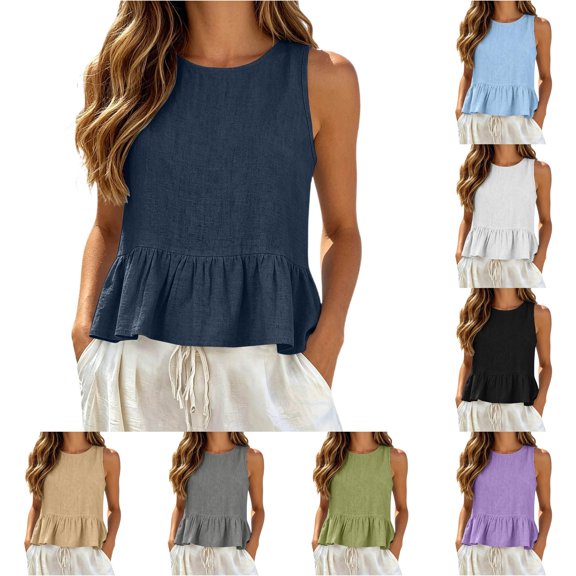 Womens Linen Tank Tops Casual Sleeveless Tank Summer Beach Cute Sleeveless Shirts Ruffled Top Size S
