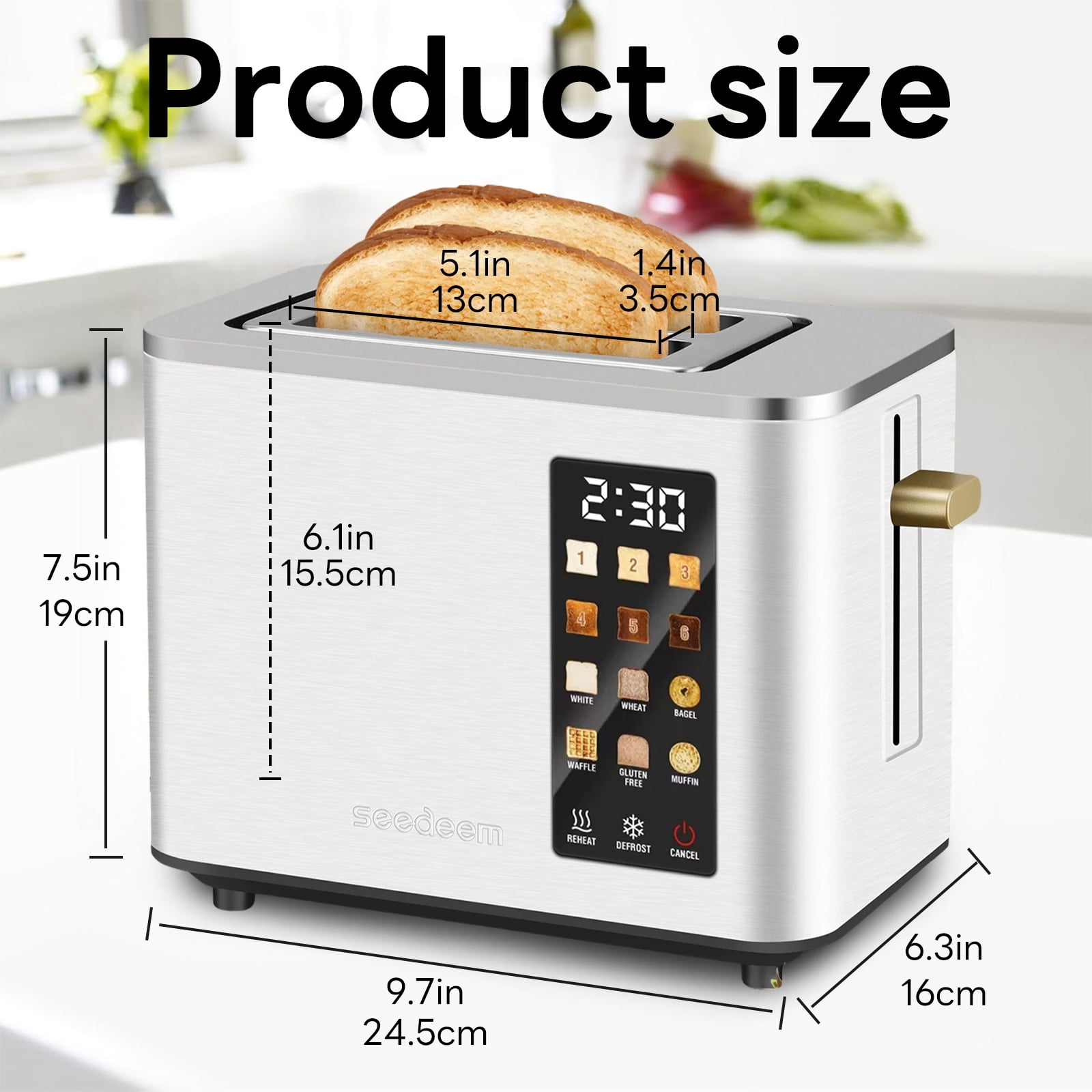 2 Slice-Toaster,Touch Control LCD Screen,6 Shade Setting & Bread Selection,Removable Crumb Tray,Stainless Steel,900W,Silver