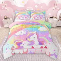 jejeloiu Happy Birthday Queen Comforter Set,Cute Unicorn Bedding Sets,Colorful Stars Rainbow Bedding Comforter Set For Girl Kids,Microfiber Bedroom Decor Reversible,3 Pieces