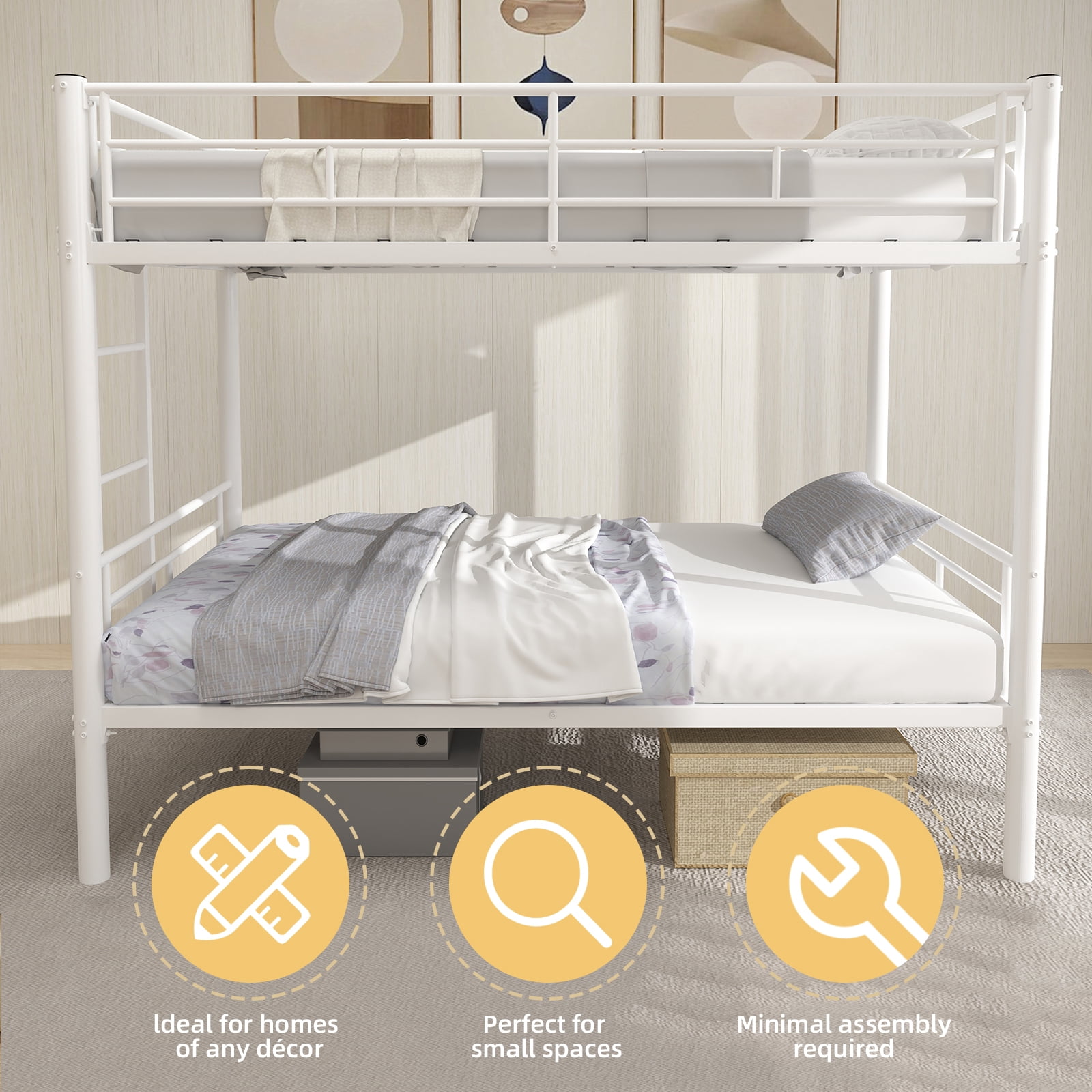 Alvantor Twin over Twin Bunk Beds Convertible 2 Beds Metal Heavy-duty Bed Frame for Kids Teens with Ladders & Guardrail White