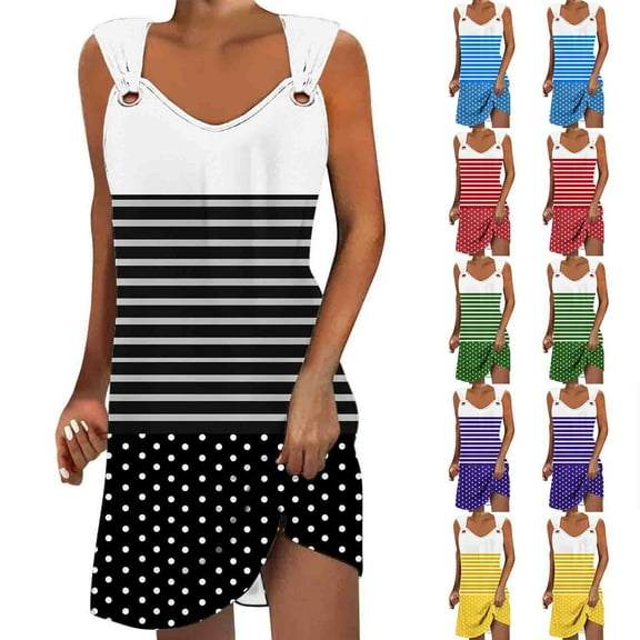 Mini Dresses for Women 2024 Plus Size Comfort Printed Sleeveless V-Neck Dress