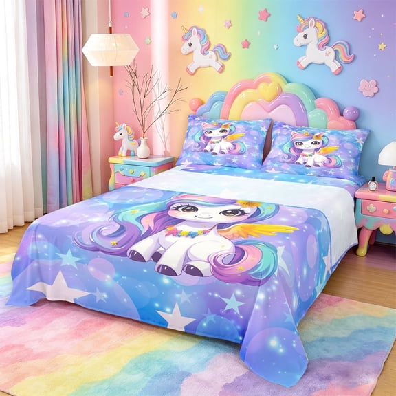 meiyoeat Kawaii Rainbow Unicorn Bed Sheets For Girls,Colorful Cute Stars Print Full Size Sheets For Kids,4-Piece