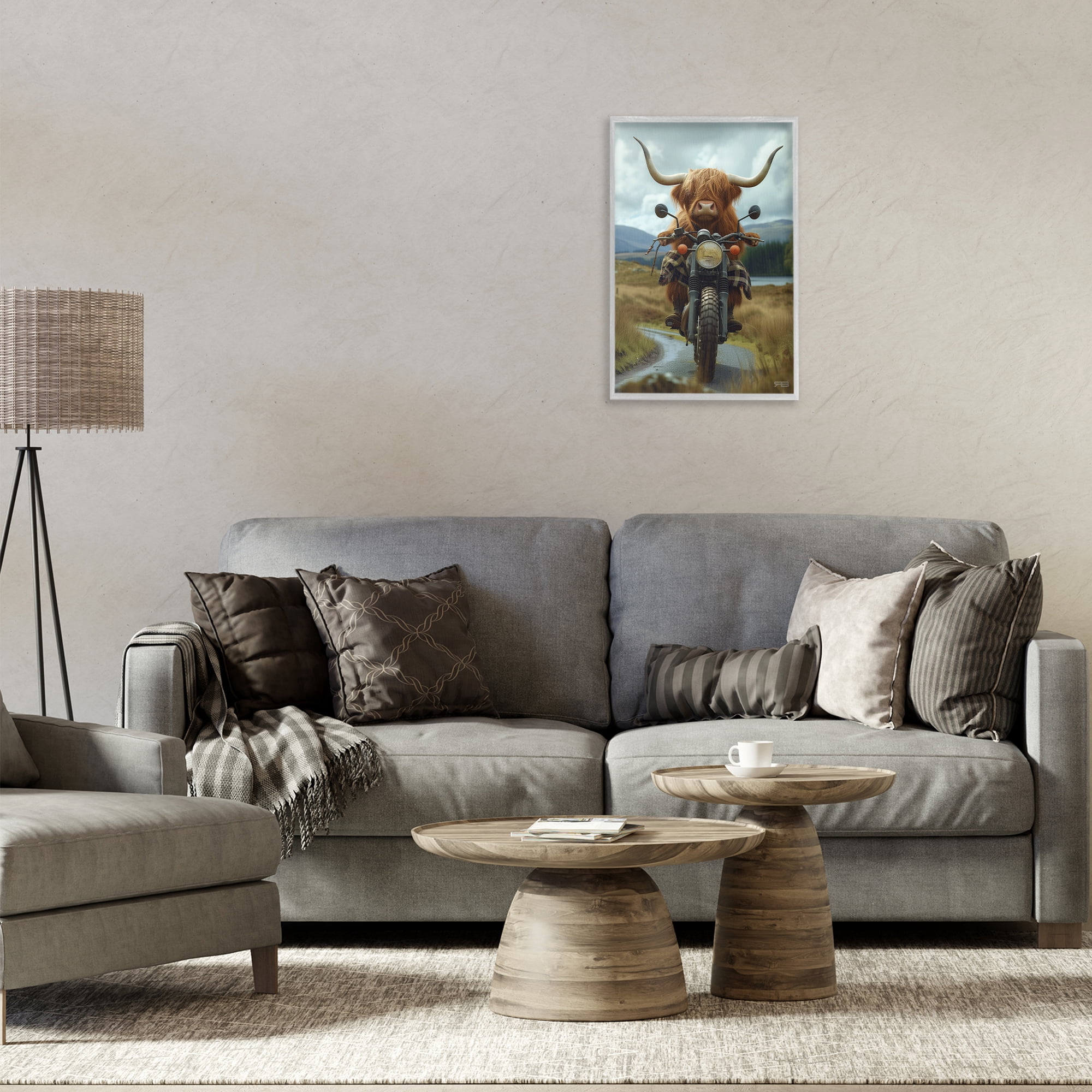 Stupell Industries Motorbike Rural Cattle Animals & Insects Painting Gray Framed Art Print Wall Art, 16 x 24
