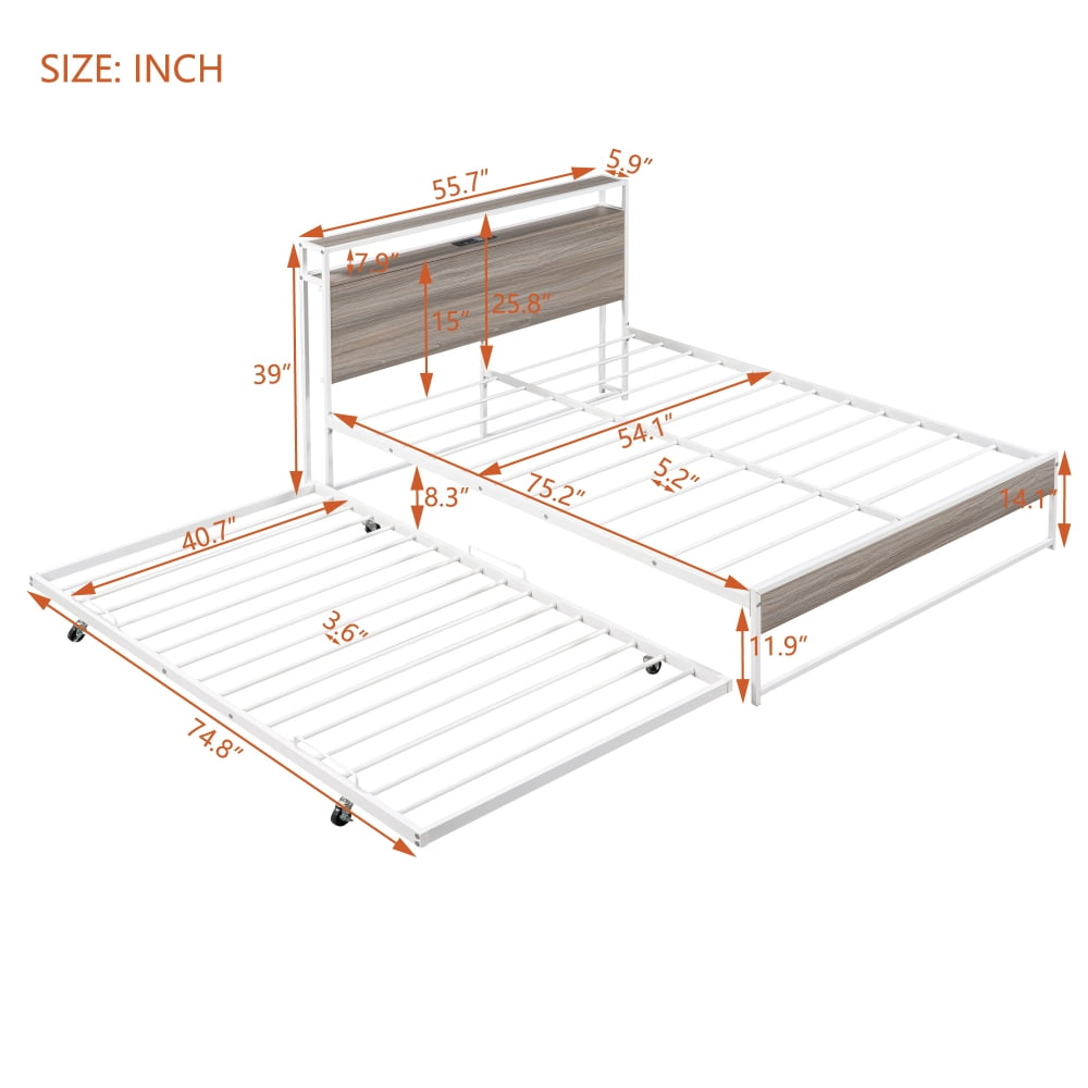 Full Size Platform Bed Frame, Metal Platform Bed with Trundle, USB Ports and Slat Support,  Trundle Bed Frame with Shelf Headboard, No Box Spring Needed, White