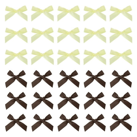 Uxcell 50 Pcs Mini Ribbon Bow 1.8 Inch Mini Fabric Satin Ribbon Flower Bows for Craft DIY Sewing Wedding Birthday Party Dark Brown/Light Yellow