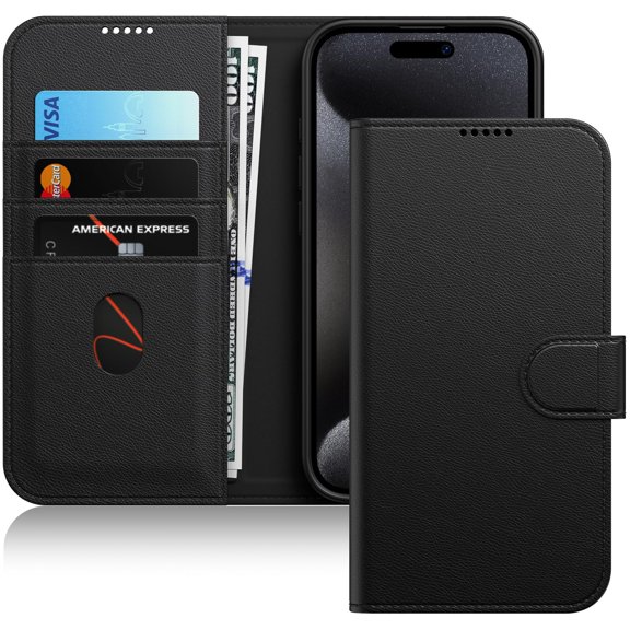 JETech Wallet Case for iPhone 15 Pro Max 6.7-Inch, Shockproof PU Leather Magnetic Flip Cover with Card Holder, Stand Feature and Full Camera Protection (Black Titanium)