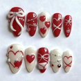 thumbnail image 1 of Uñas postizas adhesivas BMKKOT 24 piezas, almendra roja con corazones para San Valentín, 1 of 8
