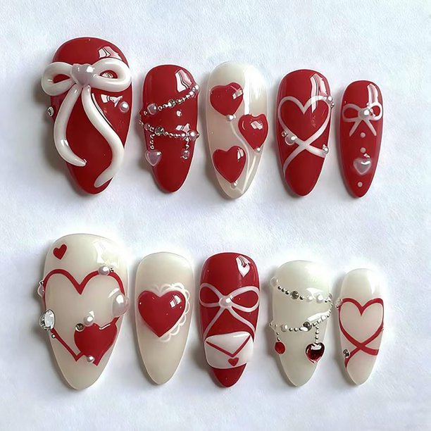 Uñas postizas adhesivas BMKKOT 24 piezas, almendra roja con corazones para San Valentín