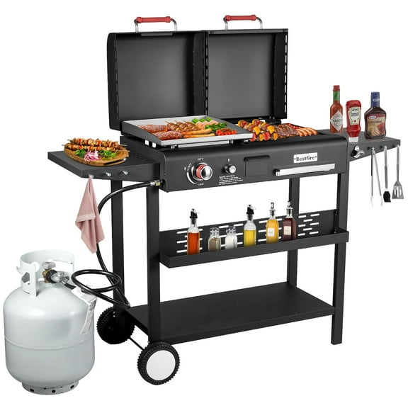 Bestfire Double Fuel Propane Gas Charcoal Grill Combo Black Dual Lids, 2 Side Shelves for Outdoor and Backyard Cooking
