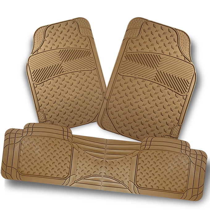 All Weather Metal Style Beige Car Front+Rear Floor Mats 3 Pcs Liner
