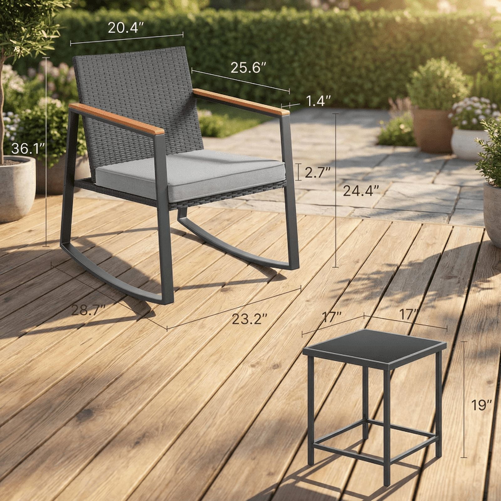 Aiho 3 Pieces Rocking Patio Furniture Set, Wicker Outdoor Chair Set with Coffee Table for Garden, Gray
