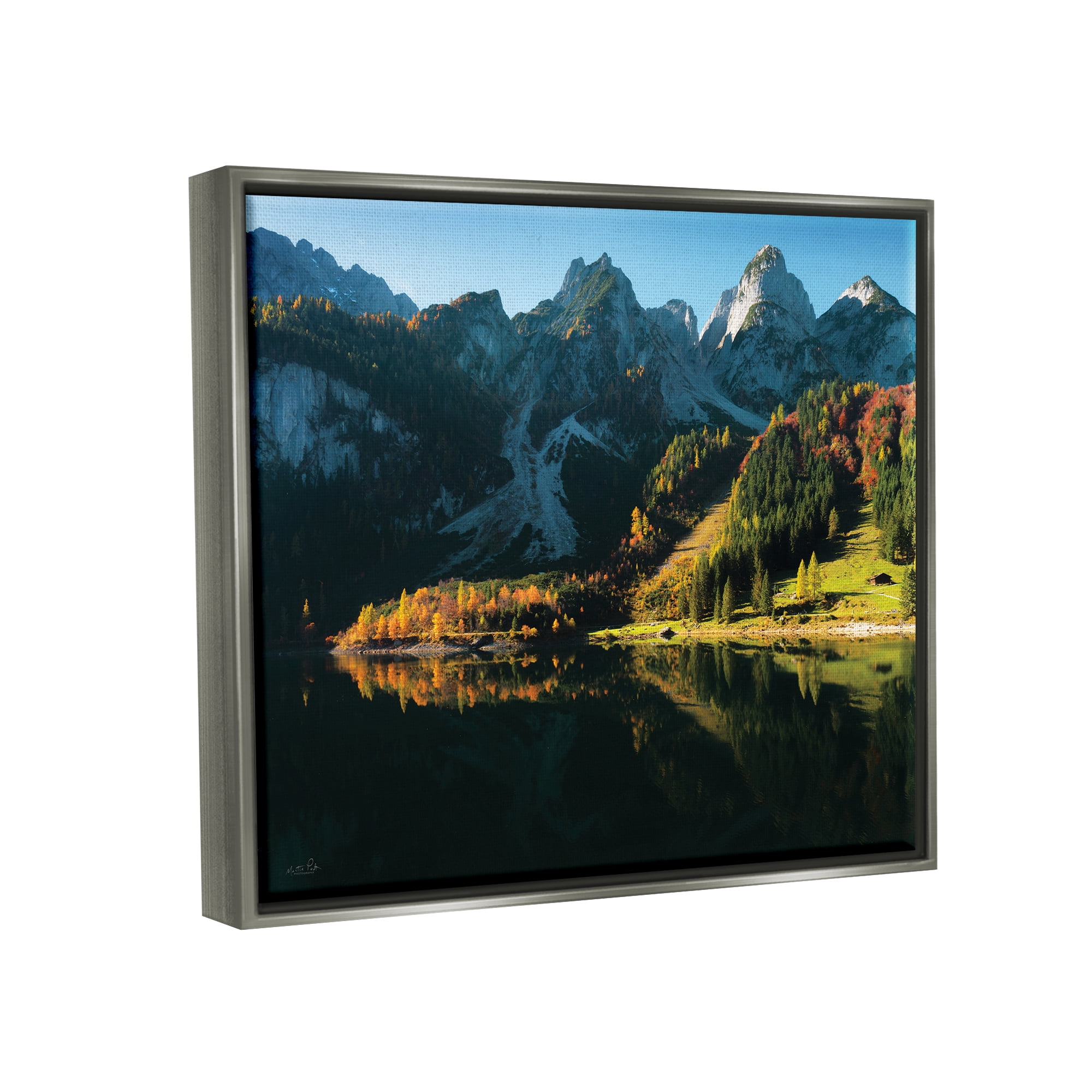 Stupell Autumn Foliage Mountain Lake Landscape Photography Gray Floater Framed Art Print Wall Art