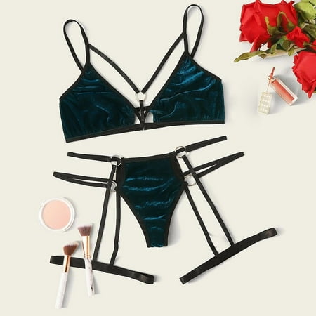 

Beppter Women Velvet Bandage Lingerie Set With Garter Underwear Wireless Bra S-XL