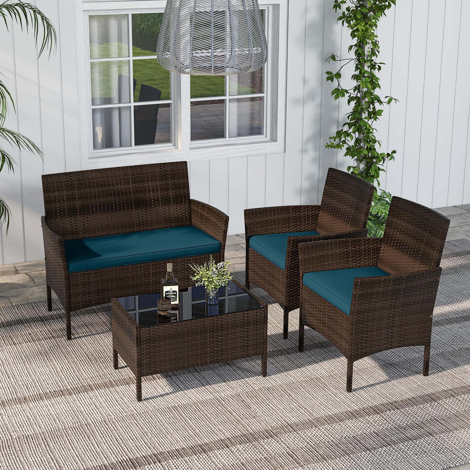Costway 8 PCS Patio Furniture Set with Washable Cushions and Tempered Glass Coffee Table Blue