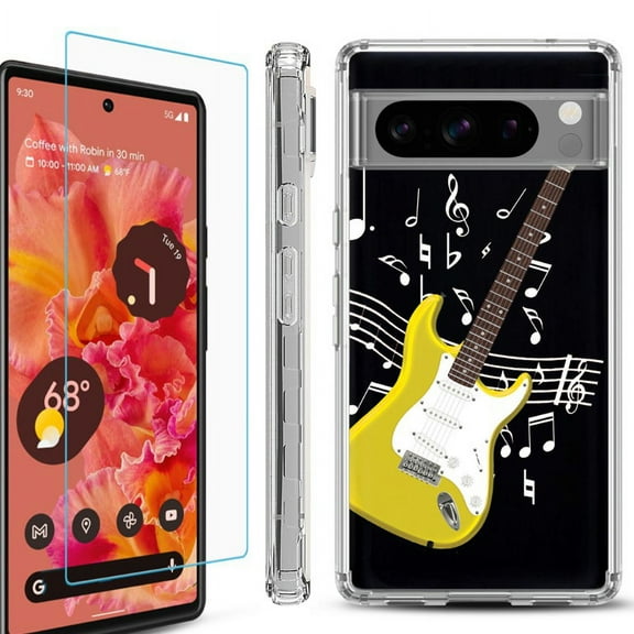 OneToughShield ® Compatible with Google Pixel 8 Pro, Shockproof Phone Case, with Tempered Glass Screen Protector - Guitar Yellow