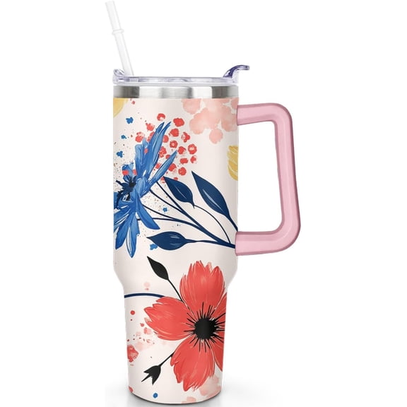 40 oz Tumbler with Handle and Straw Stainless Steel Travel Mug Leak Proof Lid Insulated Coffee Cup Dishwasher Safe Artistic Watercolor Floral Print