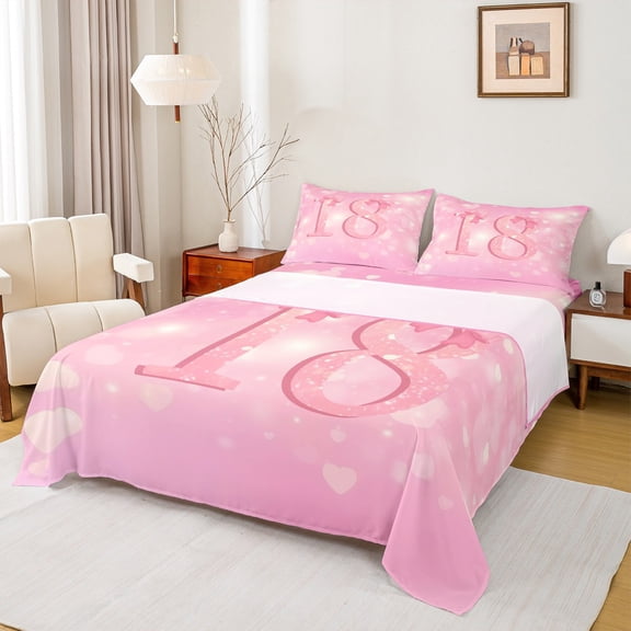 Homewish Number 18 Twin Sheet Sets,Personalized Birthday Twin Fitted Sheet,Pink Lovely Bow Knot Flat Sheet For Girls,Luxury Bedroom Decor,3pcs