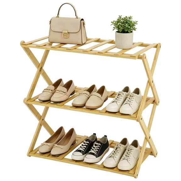 3‑Tier Natural Wood Footwear Rack – Portable Folding No‑Installation Shoe Organizer, Entryway Small Shoe Storage Shelf, Deep Design X‑Frame, Space‑Saving for Dorm, Apartment & Home