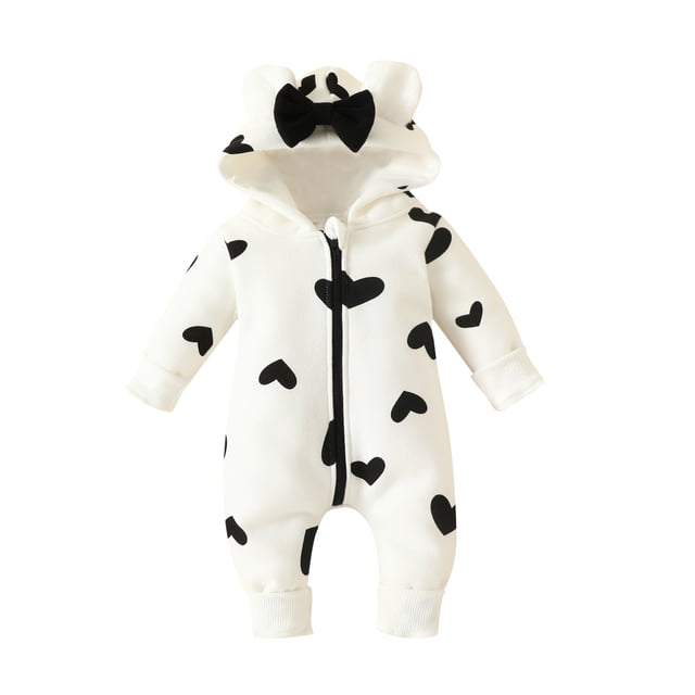 ZAXARRA Bébé Filles Tomber à Capuche Combinaison à Manches Longues Mignon Coeur Vache Modèle Arc Zippé Casual Romper