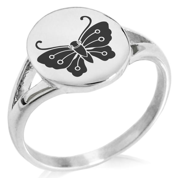 Stainless Steel Kawari Kocho Butterfly Kamon Crest Minimalist Oval Top Polished Statement Signet Ring