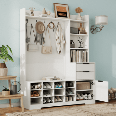 5-in-1 Entryway Hall Tree with Bench and Shoe Storage,Entryway Bench with Coat Rack and storage cabinet,Shoe Cubbies & Coat Hooks,Farmhouse Entryway Bench with Drawer