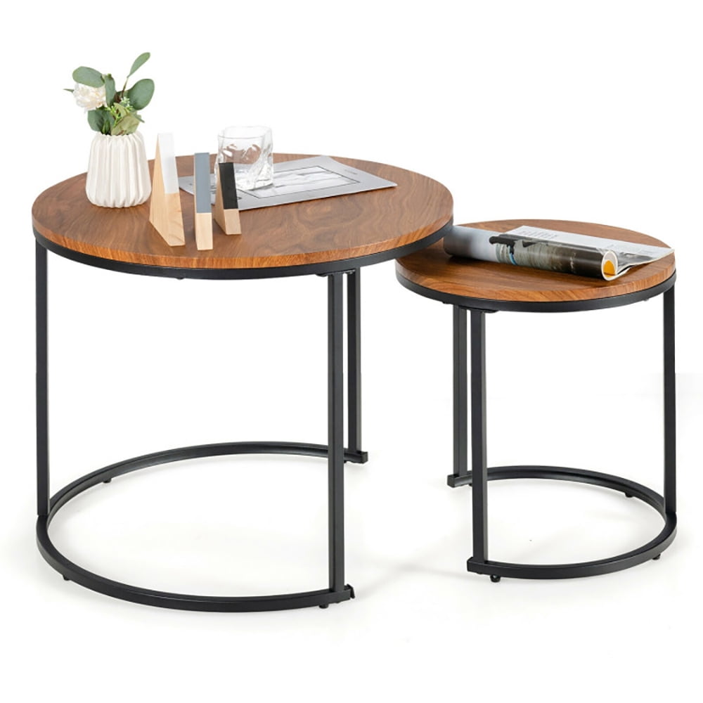 Finihen Round Nesting Coffee Table, Modern Nesting Side Set, Set of 2 Modern Round Stacking Nesting Coffee Tables, for Living Room, Reception Room, Light Brown Finihen Round Nesting Coffee Table, Modern Nesting Side Set, Set of 2 Modern Round Stacking Nesting Coffee Tables, for Living Room, Reception Room, Light Brown