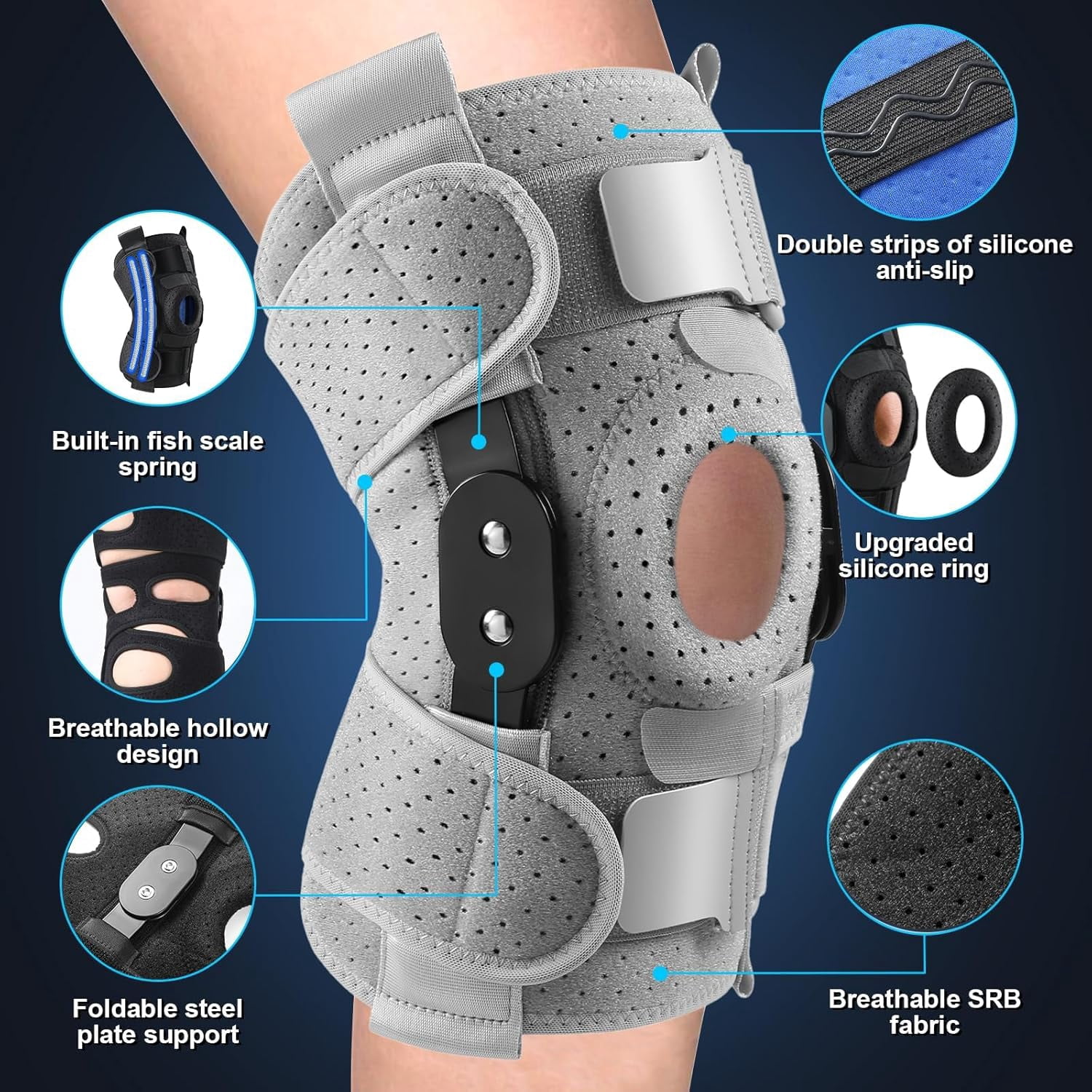 Knee Brace ,  Adjustable Knee Support for Men and Women, One Size, Gray
